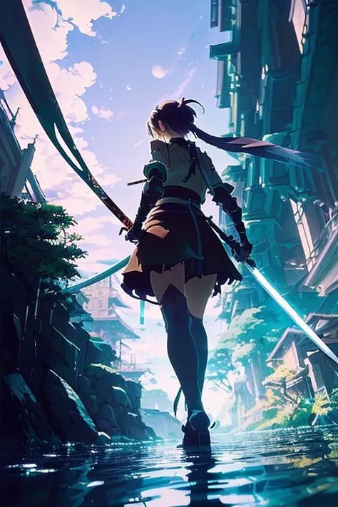 ((masterpiece, best quality)), (extremely detailed CG unity 8k wallpaper, masterpiece, best quality, ultra-detailed, best shadow), (detailed background), (beautiful detailed face, beautiful detailed eyes), High contrast, (best illumination, an extremely delicate and beautiful), (anime girl:1.2), ((anime girl with a katana walking on water, ripples, backdrop of dawn, backshot, saturn in the background, low angled illustration from demon slayer, concept art, anime, key visual, trending pixiv fanbox by wlop and greg rutkowski and makoto shinkai and studio ghibli )), ((caustic)), dynamic angle, beautiful detailed glow,