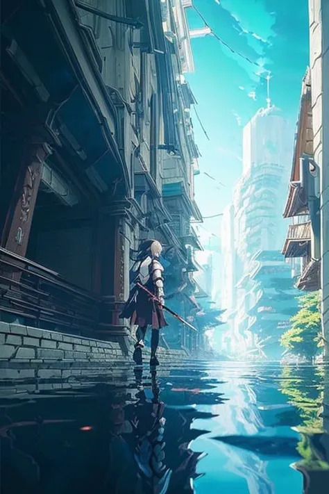 ((masterpiece, best quality)), (extremely detailed CG unity 8k wallpaper, masterpiece, best quality, ultra-detailed, best shadow), (detailed background), (beautiful detailed face, beautiful detailed eyes), High contrast, (best illumination, an extremely delicate and beautiful), (anime girl:1.2), ((anime girl with a katana walking on water, ripples, backdrop of dawn, backshot, saturn in the background, low angled illustration from demon slayer, concept art, anime, key visual, trending pixiv fanbox by wlop and greg rutkowski and makoto shinkai and studio ghibli )), ((caustic)), dynamic angle, beautiful detailed glow,