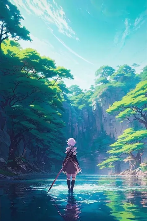 ((masterpiece, best quality)), (extremely detailed CG unity 8k wallpaper, masterpiece, best quality, ultra-detailed, best shadow), (detailed background), (beautiful detailed face, beautiful detailed eyes), High contrast, (best illumination, an extremely delicate and beautiful), (anime girl:1.2), ((anime girl with a katana walking on water, ripples, backdrop of dawn, backshot, saturn in the background, low angled illustration from demon slayer, concept art, anime, key visual, trending pixiv fanbox by wlop and greg rutkowski and makoto shinkai and studio ghibli   )), ((caustic)), dynamic angle, beautiful detailed glow,