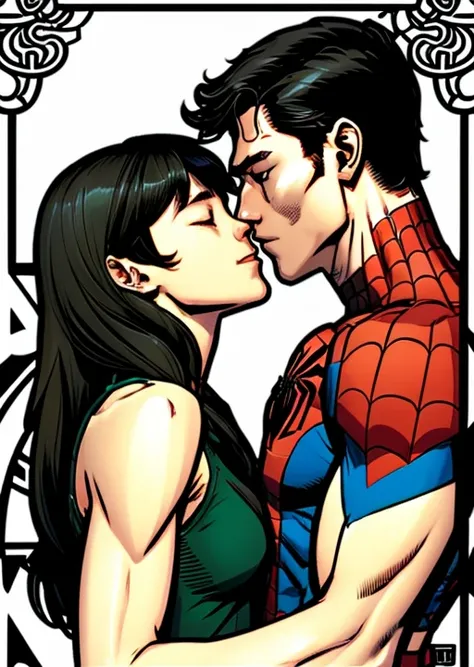 A cover comics of Spiderman kissing Mary Jane, toned muscles, by Ed Blinkey, Atey Ghailan, Alphonse Mucha, Antonio Moro, trending on ArtStation, trending on CGSociety, Intricate, High Detail, Sharp focus, dramatic, photorealistic art by midjourney and greg rutkowski