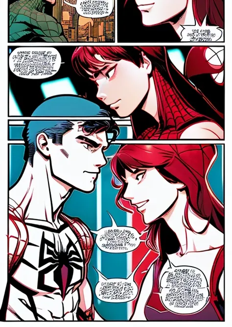A cover comics of Spiderman kissing Mary Jane, toned muscles, by Ed Blinkey, Atey Ghailan, Alphonse Mucha, Antonio Moro, trending on ArtStation, trending on CGSociety, Intricate, High Detail, Sharp focus, dramatic, photorealistic art by midjourney and greg rutkowski