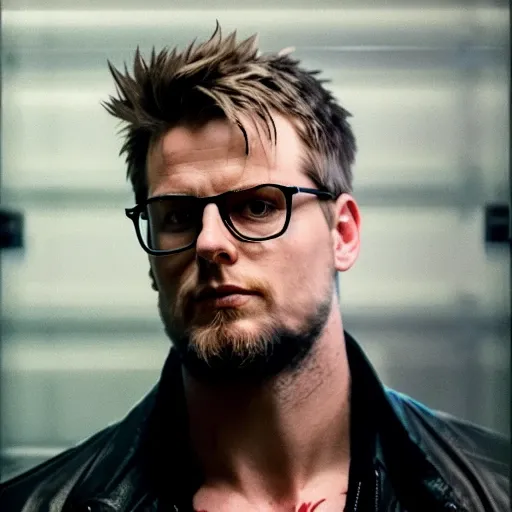 Hunk man as delirium from flosch62  with glasses, (((wet body))), by jeremy mann, by sandra chevrier, by dave mckean and richard avedon and maciej kuciara, punk rock, tank girl, high detailed, 8k, photorealistic