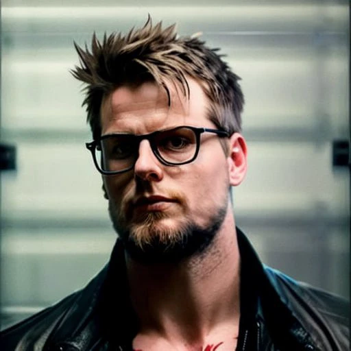 Hunk man as delirium from flosch62 with glasses, (((wet body))), by jeremy mann, by sandra chevrier, by dave mckean and richard avedon and maciej kuciara, punk rock, tank girl, high detailed, 8k, photorealistic