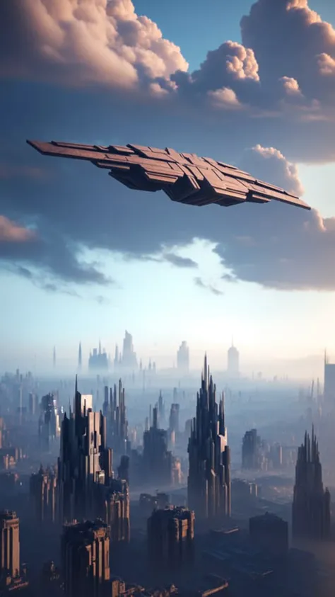 a large and ominous shape hovers in the air over a cyberpunk cityscape on the horizon below, masterpiece, best quality, intricate detail, absurdres, chromatic aberration, depth of field, soft lighting, tone mapped, highly detailed, artstation, concept art, smooth, sharp focus, dramatic lighting, highly detailed artwork, cinematic, hyper realistic painting, trending on Artstation, 8K, incredible shadows, realistic, (highly detailed background:1.0)