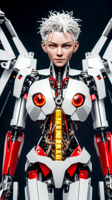 mecha, (dissection:1.3) of a (damaged:1.2) (machine:1.1) with white hair and beautiful detailed red eyes, she has a (mechanical (heart:1.1):1.1) and a (dirty face:1.2), with exposed wires and tubes, internal mechanical parts exposed from injury and short circuit, suffering heavy damage, being disassembled, natural light, light tracing, intricate circuitry, illustration, 8k wallpaper, super detailed, full body portrait,, masterpiece, best quality, intricate detail, absurdres, chromatic aberration, depth of field, soft lighting, tone mapped, highly detailed, artstation, concept art, smooth, sharp focus, dramatic lighting, highly detailed artwork, cinematic, hyper realistic painting, trending on Artstation, 8K, incredible shadows, realistic, (highly detailed background:1.0)