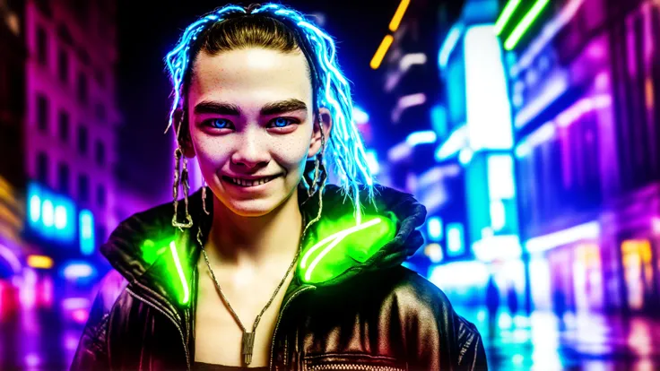 freckles, A highly detailed portrait of a solo 1girl standing on a street corner, during a rainstorm with lightning strikes and a cloudy sky, neon and cyberpunk background, she is wearing punk clothes with silver chains and silver spikes, she has a butterfly wing hairclip in her wild hair, she has headphones and a necktie on, petite, detailed glowing red eyes with distinct pupils, ominous aura Halo, smile, punk, cyberpunk, backlighting, masterpiece, best quality, intricate detail, absurdres, chromatic aberration, depth of field, soft lighting, tone mapped, highly detailed, artstation, concept art, smooth, sharp focus, dramatic lighting, highly detailed artwork, cinematic, hyper realistic painting, trending on Artstation, 8K, incredible shadows, realistic, (highly detailed background:1.0)