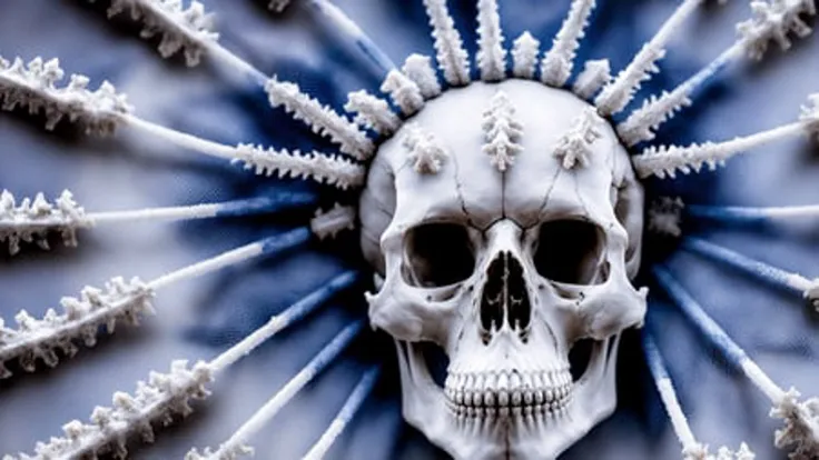 a skeletonized man with bits of flesh hanging off his bones, his skull is covered in icicles and frost, intricate carving, wearing a face mask, glowing eye sockets, wearing a frozen blue crown, masterpiece, best quality, intricate detail, absurdres, chromatic aberration, depth of field, soft lighting, tone mapped, highly detailed, artstation, concept art, smooth, sharp focus, dramatic lighting, highly detailed artwork, cinematic, hyper realistic painting, trending on Artstation, 8K, incredible shadows, realistic, (highly detailed background:1.0)