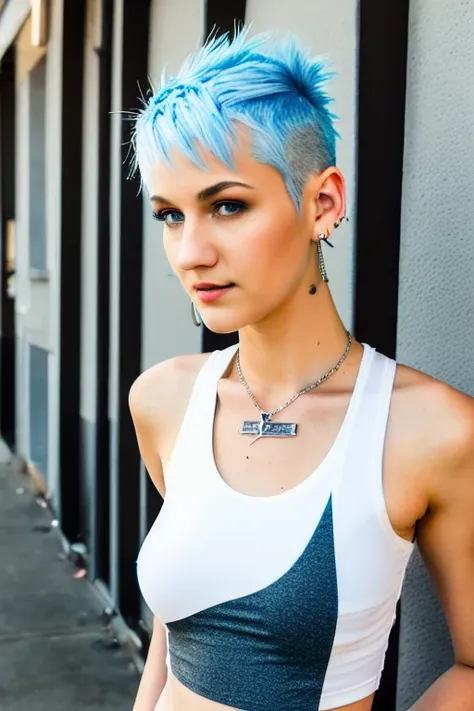 a young girl, 18yo, (best quality:1.05), large breasts, (tall:1.2), long legs, (thin figure:0.1), solo, white tank top, white jeans with, blue eyes, blue hair, half bald, (sidecut hair:1.05), short mohawk haircut, punk style, black choker, street, upper body, bulge through clothing, detailed face
