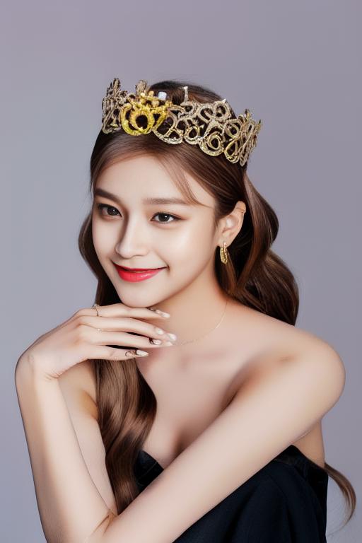 A woman wearing a gold crown and a black dress - SeaArt AI