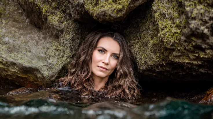 a woman with long brown hair and green eyes is posing for a photo in a rock of sea, Anna Maria Barbara Abesch, portrait photography, art photography, a full body portrait <lora:dzetaA9_white:0.79>