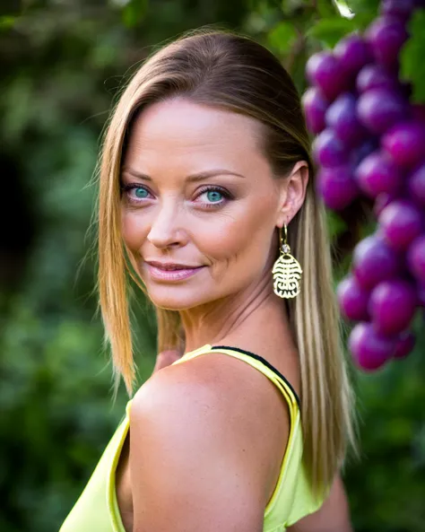 ( f4ystr4ng3r:1.1), cowboyshot, a (23years old beautiful woman), split_ponytail, Sienna hair, big breast,thin waist, wide pelvis, grape clothes, yellow skin, nuclear_powerplant, delicate, cinematic light, realistic details, sharp focus, detailed skin,clear image, medium shot, clear image,
