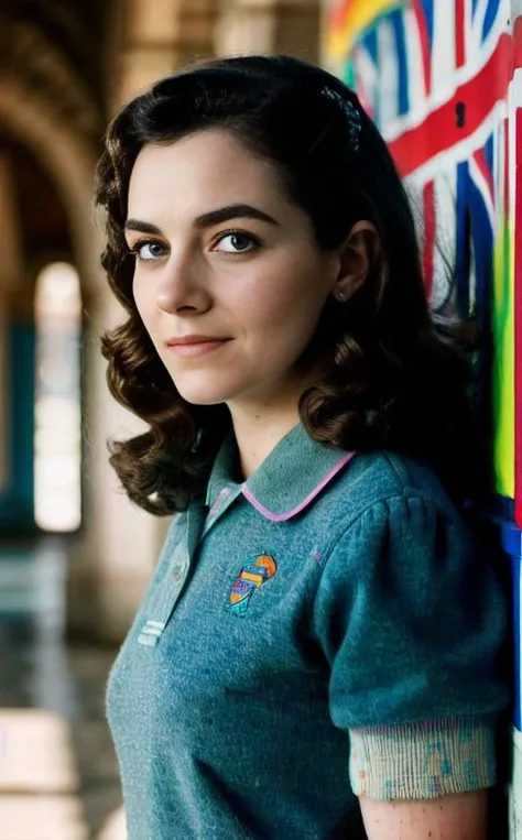 sara, portrait photo of women leaning against a wall in a school playground (masterpiece), (best quality), (detailed), (8k), (HDR), (wallpaper), (cinematic lighting), (sharp focus), (intricate), (closeup)