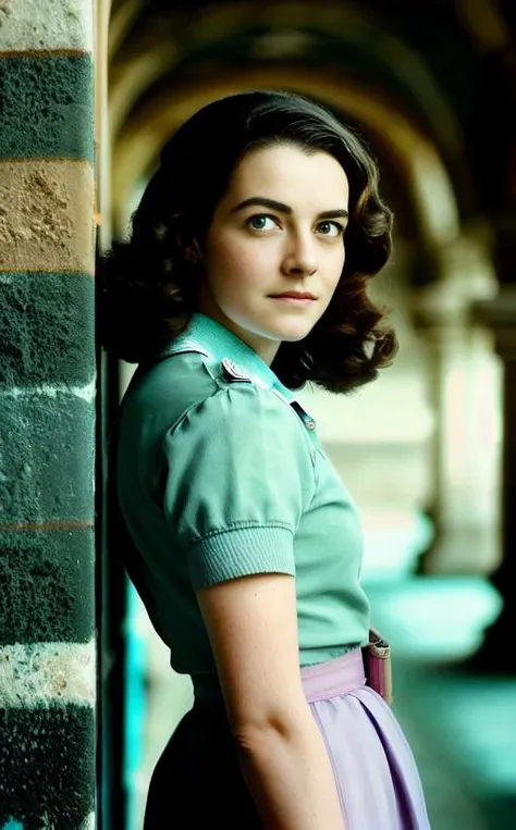 sara, portrait photo of women leaning against a wall in a school playground (masterpiece), (best quality), (detailed), (8k), (HDR), (wallpaper), (cinematic lighting), (sharp focus), (intricate), (closeup)