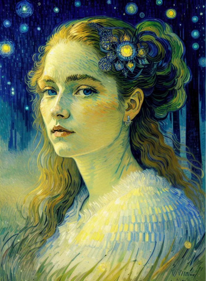 close up portrait, a female traveller in the wilds of eldraine, vincent van gogh, andy kehoe , intricate detail, symmetry, in a beautiful dream, alfred sisley , oil painting, fairy tale theme, she is confident, radiant vista, plains backdrop during winter, concept art,