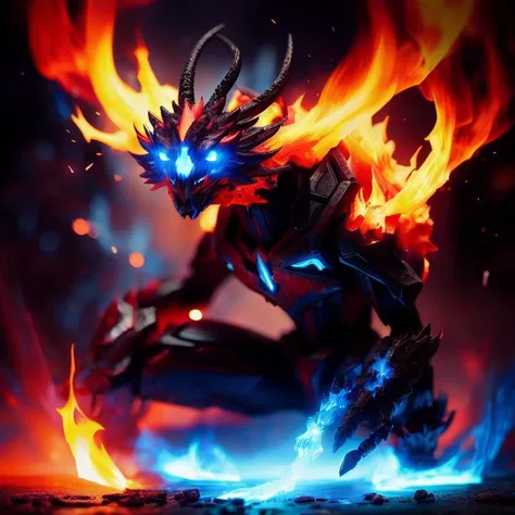 a small fire elemental creature with sparks around it,  close up portrait, mark chagall ,  trending on artstation, ,   chris cold  ,  very cute,  oil painting,  suguru tanaka,  conjured from a sorcery,  it's body is made of fire, trading card,  red and blue tones, , for a fantasy game, george pratt, for magic the gathering
