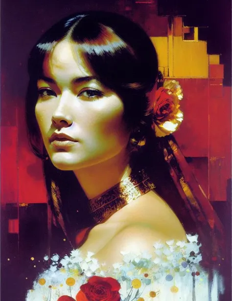 a fierce warrior who is here to fight for our kingdom, klimt,   close up portrait,  trending on artstation, ,   chris cold  ,   oil painting,  suguru tanaka,  mark chagall ,  she is summoned to our kingdom, sorcery and spell craft, trading card,  red and rose and violet and white tones, , for a fantasy game, george pratt,