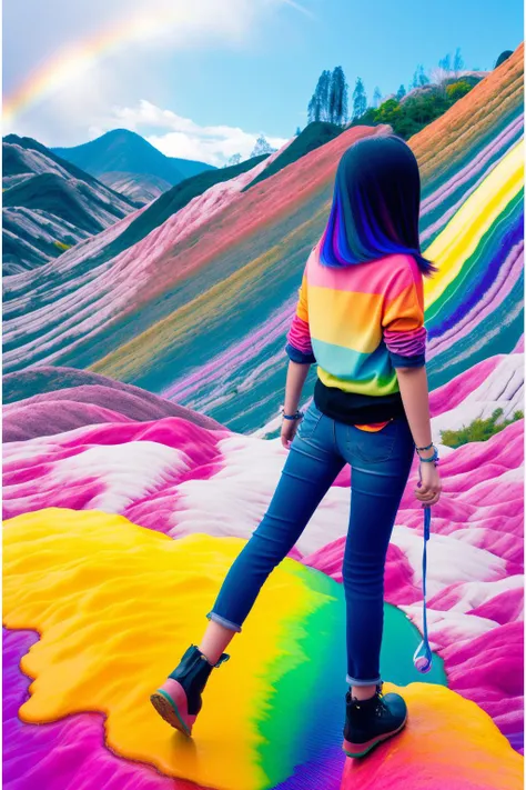 1girl, epic Vector Art, elegant, landscape of a Baggy Welcoming ([The German Countryside:Rainbow Mountains:1]:1.3) in the distance there is a Pedestrian bridge, dense water and Gravity well in background, Hurricane, Shameful, Dollpunk, hard light, 80mm, Polychromatic, Embroidery, cherry blossom pink outlines, lots of details, dslr, [ (graffiti art by Nick Walker:0.9) , (Martin Ansin:1.3) ::6]