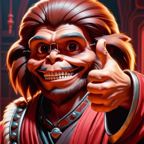 DonMSt0pS1gnXL indian red, wookiee, thumbs up ,hyperrealism, piercing, bump mapping, anvilnext engine, minimalist, airbrushing, romantic art, astounding tour de force, hd, imaginative, climax <lora:DonMSt0pS1gnXL-000006:0.75>