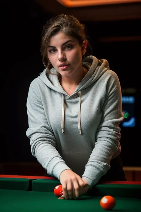 DEN_judit_guera,
(playing snooker in a dark atmospheric pool hall wearing casual clothing and a hoodie, atmospheric, snooker, cue, playing snooker, leaning over the table:1.2),
bokeh, f1.4, 40mm, photorealistic, raw, 8k, textured skin, skin pores, intricate details  <lora:epi_noiseoffset2:1>, epiCRealism <lora:ClothingAdjuster3:-1>