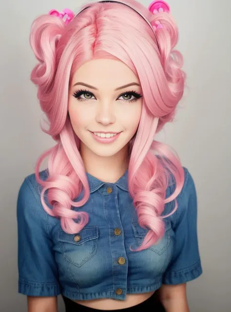 <lora:Bdelphine:1> A woman with pink hair posing to the camera