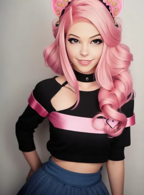 <lora:Bdelphine:1> A woman with pink hair posing to the camera