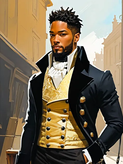 sketchy oil painting, art by Ashley Wood, art by Jim Mahfood, art by Sparth, ([Travis Fimmel|Ben Barnes|Michael B Jordan]:0.8) in regency period outfit  <lora:Regency_Period:0.7>