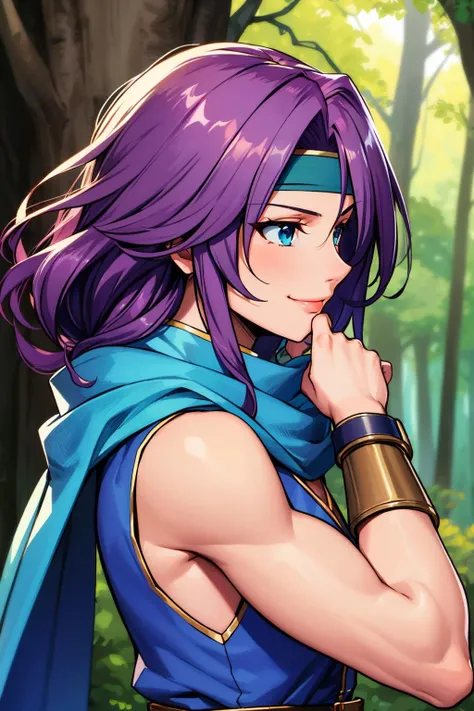 masterpiece, best quality, farisscherwiz, purple hair, headband, scarf, blue dress, bracer, short dress, belt, upper body, flexing, smirk, from side, forest <lora:faris-nvwls-v1-000010:0.9>