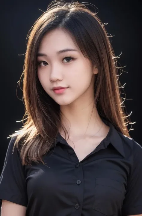 20 years old woman, (photorealistic:1.4, realistic), highly detailed CG unified 8K wallpapers, 1girl, (((thick body:0.8))), looking at viewer, (HQ skin:1.4), 8k uhd, dslr, soft lighting, high quality, film grain, Fujifilm XT3, ((upper body shot:1.2)), (((black silk collared shirt))), ((simple background, black background)), <lora:shellyoktivia-V1:0.7>