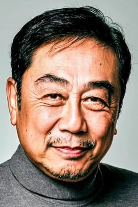 best quality, masterpiece,  Asian men,mole, solo, lips, grey_background, mole_under_eye, realistic, upper_body, looking_at_viewer, black_hair, brown_eyes, sweater, forehead, nose, turtleneck, old man, 65 yeas old,   <lora:zengjiang:1>