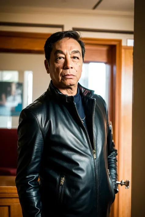 best quality, ultra high res, (photorealistic:1.4), masterpiece, blurry background,indoors,1boy,standing ,(looking at viewer), black leather coat, <lora:zengjiang:1>