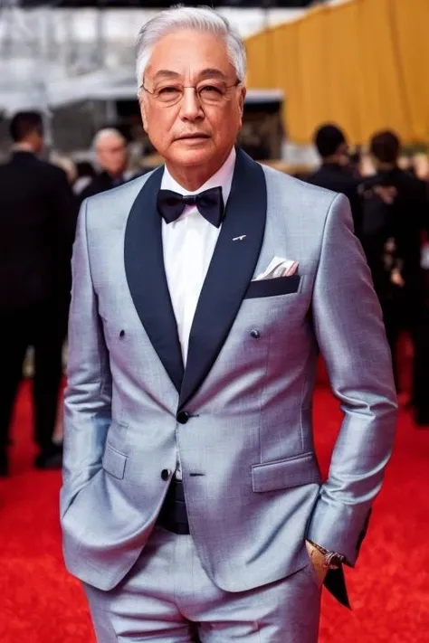 a men as a movie star, (portrait:1.2), (half body:1.2),(face focus:1), white hair,modelshoot style, (extremely detailed CG unity 8k wallpaper), Intricate, High Detail, Sharp focus, dramatic,photorealistic painting art by midjourney and greg rutkowski , ((movie premiere gala)), ((standing on the red carpet)), ((paparazzi in the background)), (looking at viewer), (detailed pupils:1.2), (elegant suit:1.3) ,<lora:zengjiang:1>