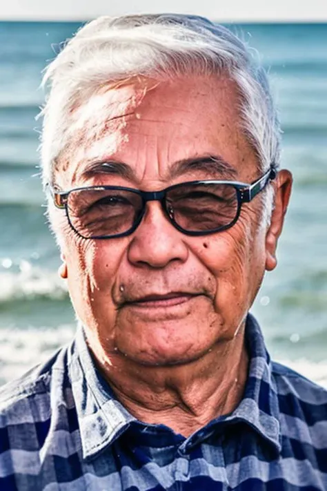 photo of a (men),serious look ,standing at (beach), portrait photo,Plaid shirt, full body,  (closeup:1.2),white hair, 
 <lora:zengjiang:1>