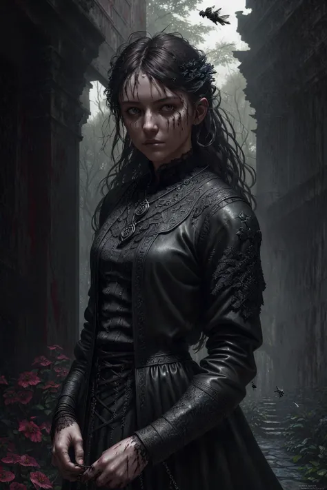 hdr, lace, by Jeremy Mann, red sunglasses, detail, (cat eye makeup:0.85), run-down, (Feiyufu), <lora:angelical:0.5>, t-shirt, ((ancient fallen kingdom), best quality: 1.4), negative space, professional, masterpiece, quiet, fantasy, (by Michelangelo, intricate details:1.12), necklace, (((dark bloody clothing))), medium shot, lighthouse, highly detailed, (natural skin texture, dark theme:1.3), small nose, (hdr:1.22), outdoors, (unreal engine render), professional majestic oil painting by Ed Blinkey, (by jeff lemire), strong shadows, Mongol woman wearing urban fashion, mist, wind, kodak portra 400 camera, intricate detail, bokeh, composition, magical nocturnal flora and fauna, Modern courtyard landscape design with a contemporary, flying bugs, (black eyeliner)
