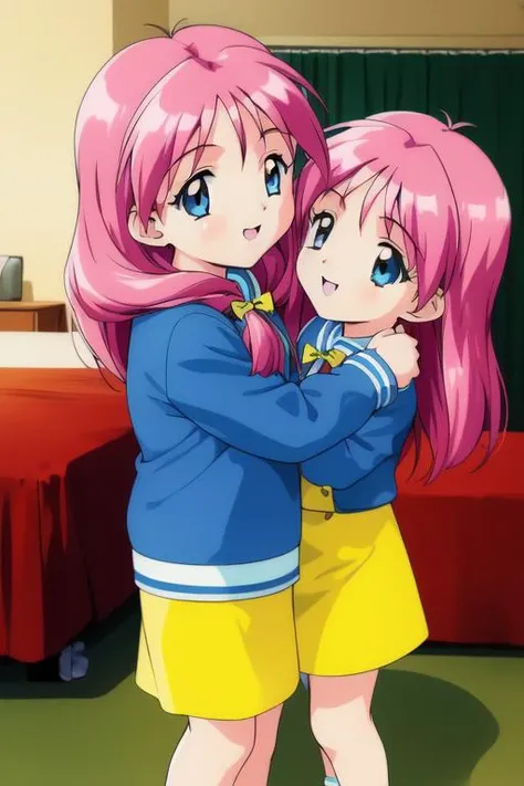 (child:1.8), teenager,<lora:Shirayuki_Miho_Maho:0.8>, shirayuki, 2girls, (twins:1.4), smile, blue eyes, long sleeve, skirt, retro artstyle, twins, long hair, 1990s (style), pink hair, blue_eyes, hug, small body, long sleeve, skirt,
standing, home in the room, masterpiece, high quality, very_high_resolution, large_filesize, full color,