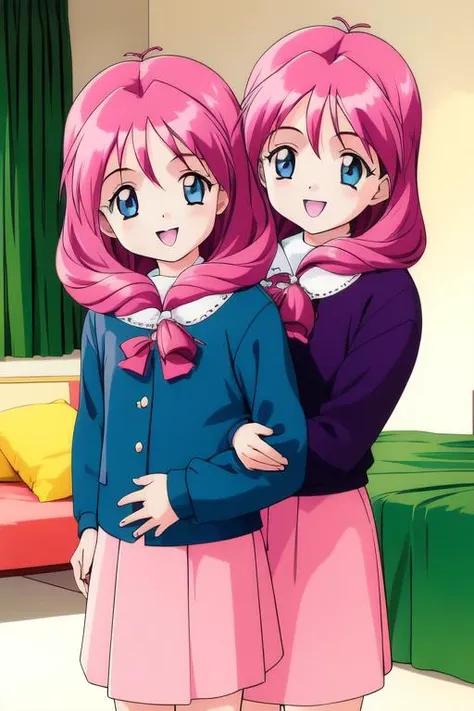 (child:1.8), teenager,<lora:Shirayuki_Miho_Maho:0.8>, shirayuki, 2girls, (twins:1.4), smile, blue eyes, long sleeve, skirt, retro artstyle, twins, long hair, 1990s (style), pink hair, blue_eyes, hug, small body, long sleeve, skirt,
standing, home in the room, masterpiece, high quality, very_high_resolution, large_filesize, full color,