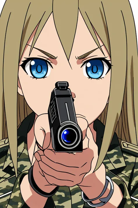1girl, Liz, blue eyes, bracelet, blonde hair,  long hair, camouflage uniform, aiming at viewer with a pistol, close-up, <lora:ElizabethThompson-000007:0.8>,  forest