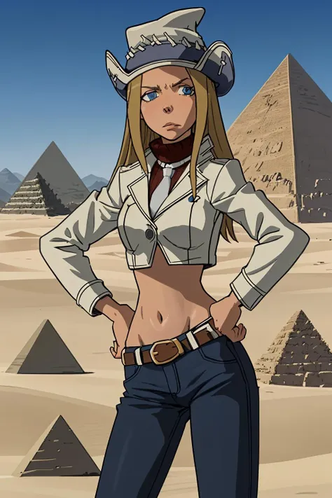 1girl, Liz, belt, blonde hair, blue eyes, hat, crop top, hand on hip, hat, jacket, long hair, midriff, navel, necktie, pants, solo, turtleneck, <lora:ElizabethThompson-000007:1>, desert, pyramid,