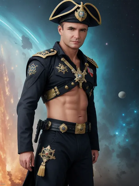 alexander portrait photo, 40 yo, golden and light blue insignias and medals, ceremonial naval coat, body armor,cockade cap, shoulder straps, stripes, space landscape background, dramatic, complex background, epic lighting, skin indentation, ultra quality, hyperdetailed, (shiny:0.6), (natural skin texture, soft light, sharp:1.2), Art by Joe Madureira and Craig Mullins <lora:alexanderPistoletov_v10:0.8> ,