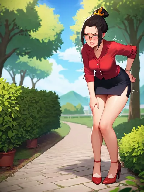 ((High Quality image 10k)) (( perfect autonomy)) Masterpiece, solo girl, brown eyes, red hair, wearing sleeveless black shirt, naked Bottom, pussy focus, sexy legs, evil smug grin, barefoot, Standing, in the park