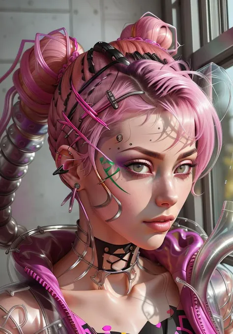 close up photo of woman, sexy, large breasts, punk, pink hair, one side shaved head, wiry hair clip, ([Britney Spears|Ashley Greene|Amber Heard]:0.85), [stanleylau style|uodenim style], transparent hard plastic armor, sensual, shiny skin, oily skin, tattoos, close up shot, face focus, detailed face, lips, choker, jewellery, weird future fashion, [(colorful explosion psychedelic paint colors:1.21)::0.2], kitchen, masterpiece, best quality, rainbow colors, colorful, high contrast, <lora:weird future fashion_v4:1>