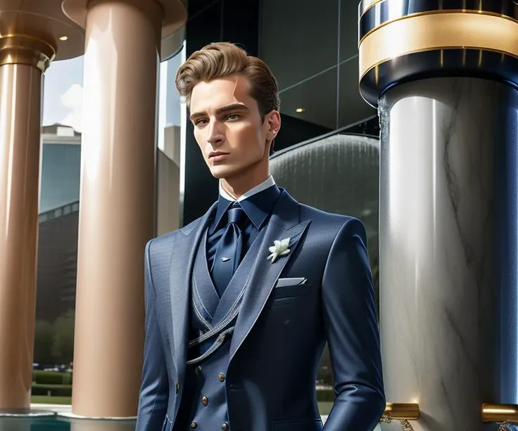 one man wearing an immaculate [navy|blue|bright green with golden embroidered] tailored suit, extremely detailed face, standing next to a water fountain, <lora:weird future fashion_v2:1>, detailed hair