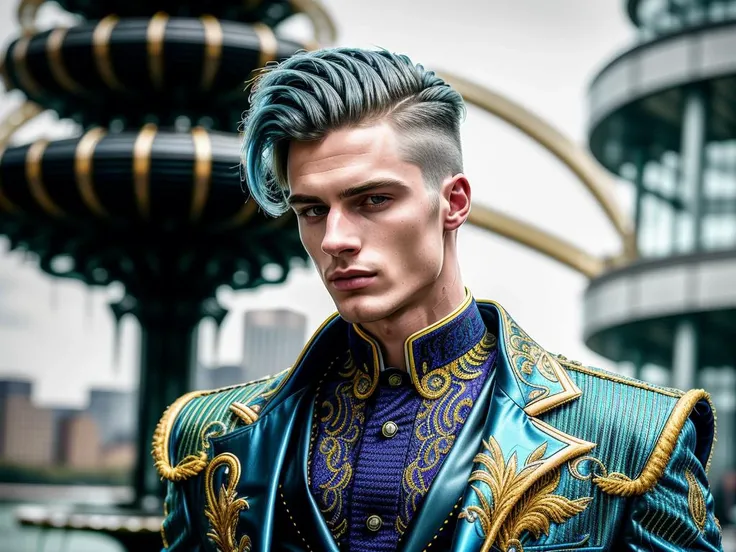 one handsome man wearing an immaculately detailed [navy|yellow|blue|bright green with intricate golden embroidered] tailored suit, with detailed [long|short] punk hair, extremely detailed face, standing next to a water fountain, <lora:weird future fashion_v3:1>, detailed hair, realistic skin texture, cinematic photography, low contrast, well lit, overcast, hdr