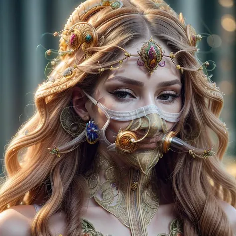 <lora:weird future fashion_v3:1> adult supermodel with detailed long golden curly frizzy flowy hair, wearing golden ((translucent and intricately embroidered) (glass translucent oxygen mask) covering face, wearing intricate barbed headress, (([obscured mouth and lips:detailed lips:0.4]):1)), extremely detailed face, wearing colorful weird future fashion, luxurious and intricate golden accents, cinematography, intricately detailed, crafted, meticulous, magnificent, maximum details, extremely hyper aesthetic, (strong shallow depth of field, bokeh, professional photoshoot), (overcast lighting, flat even studio lighting), strong jawline sexy face, front lit, (low contrast, hdr), smoldering gaze, twinkling smiley eyes, pale green eyes, realistic skin texture