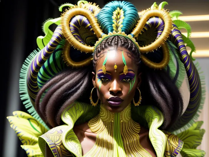 extreme close up african supermodel wearing an immaculately detailed bright [navy|yellow|blue|green with intricate golden embroidered] flowing tailored gown and headress, with detailed frizzy hair, extremely detailed face, standing in a luxurous palatial ballroom, <lora:weird future fashion_v3:1>, realistic skin texture, cinematic photography, low contrast, well lit, overcast, hdr