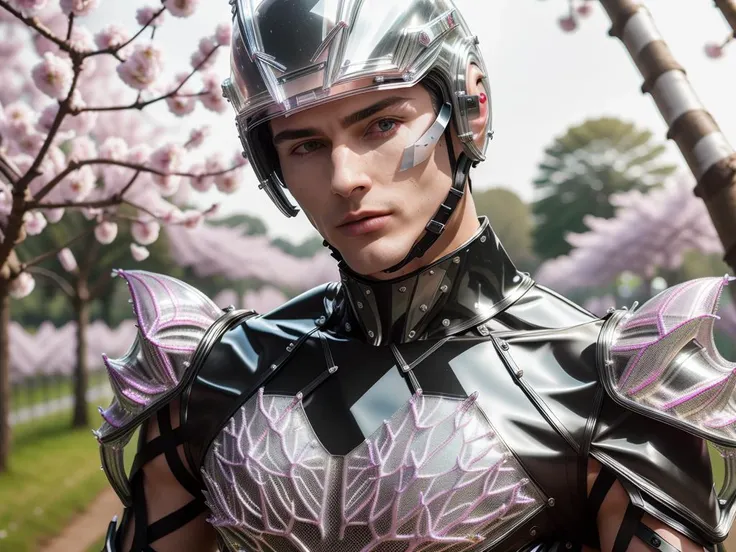 <lora:weird future fashion_v3:1> a clean shaven man, wearing thorny metallic transparent plastic helmet and visor, (((black clothes))), weird future fashion, standing in a cherry blossom orchard, (cinematic overcast lighting), bokeh, hdr, 8k, sharp focus, dof, 35 mm lens portrait, close up (professional model photograph), (shallow focus), (extremely detailed face and body), mood lighting