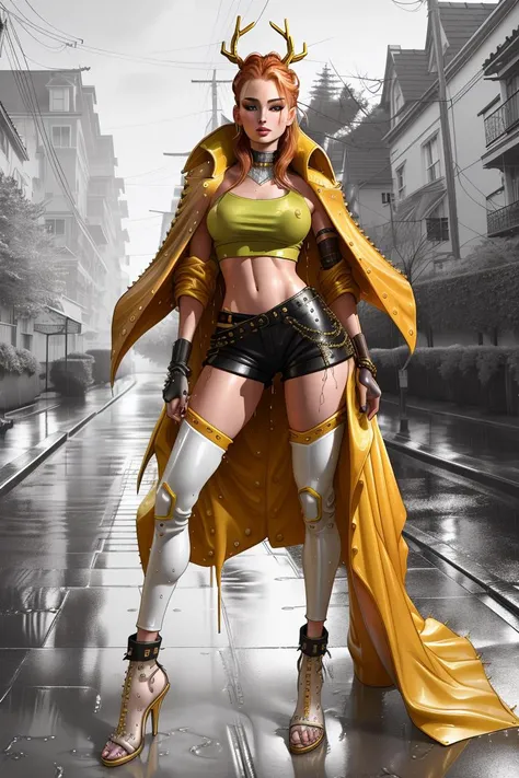 adult Supermodel [sophie turner:jennifer lawrence:0.65], standing on a city street, wearing a [red|blue|yellow] cloth tshirt crop top, [perky nipples cloth impression::0.5], intricate spiky headress, trench coat, (low waist gstring) low cut shorts, huge perky boobs, navel piercing, midriff, toned athletic body, single amputated bulky steampunk (robotic prosthetic leg) with golden accents, sexy pose, drenched, raining, wet hair, extremely detailed wet shiny skin, wet clothes, (smirking expression), detailed face, wearing flip flops, close to ground angle, looking down at camera, selective color style, black and white background colored foreground, weird future fashion <lora:weird future fashion_v3:1>