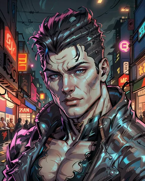 close up of superman, ((detailed eyes and face)), handsome, black hairstyle with shaved sides, [red|blue] jacket, street, background clutter garbage, (daytime), harsh lighting, brightly lit, weird future fashion, comic book style <lora:weird future fashion_v3:1>