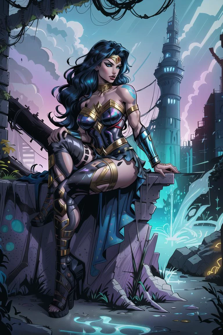 professional modern Comic art of wonder woman, with detailed messy disheveled colored black punk hair, pretty blue eyes, wearing detailed thorny headpiece and visor, wearing detailed (([translucent:0.4])), wearing (uncomfortably tight) costume and long skirt <lora:weird future fashion_v3:0.9>, (long bulky (robe):1, twinkling cosmic thigh high strappy roman sandals:1), huge boobs, blue eyes, detailed hair, (sexy sitting leaning pose in themyscira (in front a mythical marble construction)), cluttered busy background, flat colors, dynamic action pose, looking confident arrogant, smirking expression, looking off into distance, busy background, detailed toned body and face