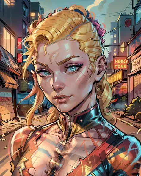 closeup, captain marvel, ((detailed eyes and face)), blond hairstyle with shaved sides, street, background clutter garbage, daytime, shiny clean plastic weird future fashion, comic book style, intricate outlines <lora:weird future fashion_v3:1>