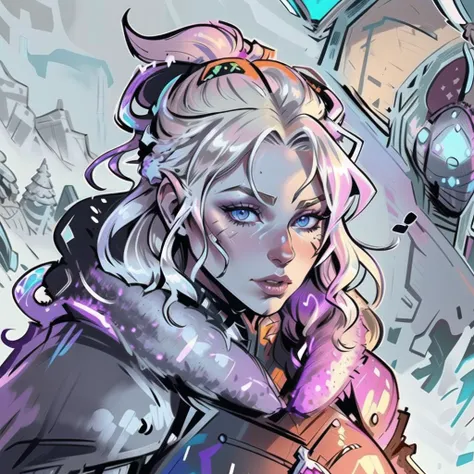 woman, viking warrior, detailed fur cloak, futuristic padded armor, metal opal wreath, detailed dishevelled blonde hair, wavy hair, chinstrap, grizzled veteran warrior battle scarred face lines, (extreme closeup, portrait shot), (solo), intricate flat shading, fire embers floating mountaintop snowy background, comic book style, weird future fashion <lora:weird future fashion_v3:0.9>